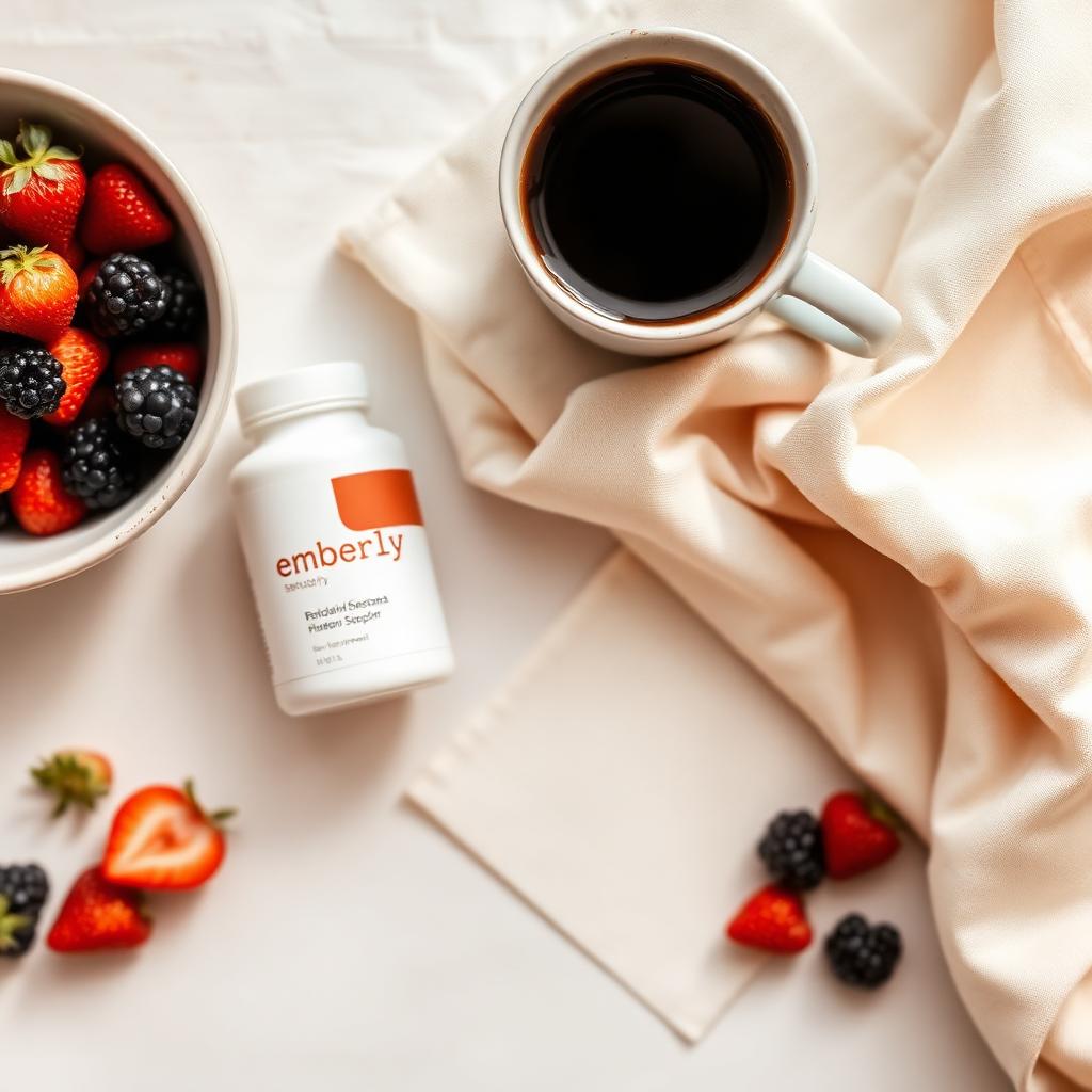 emberly bottle beside berries and coffee at breakfast