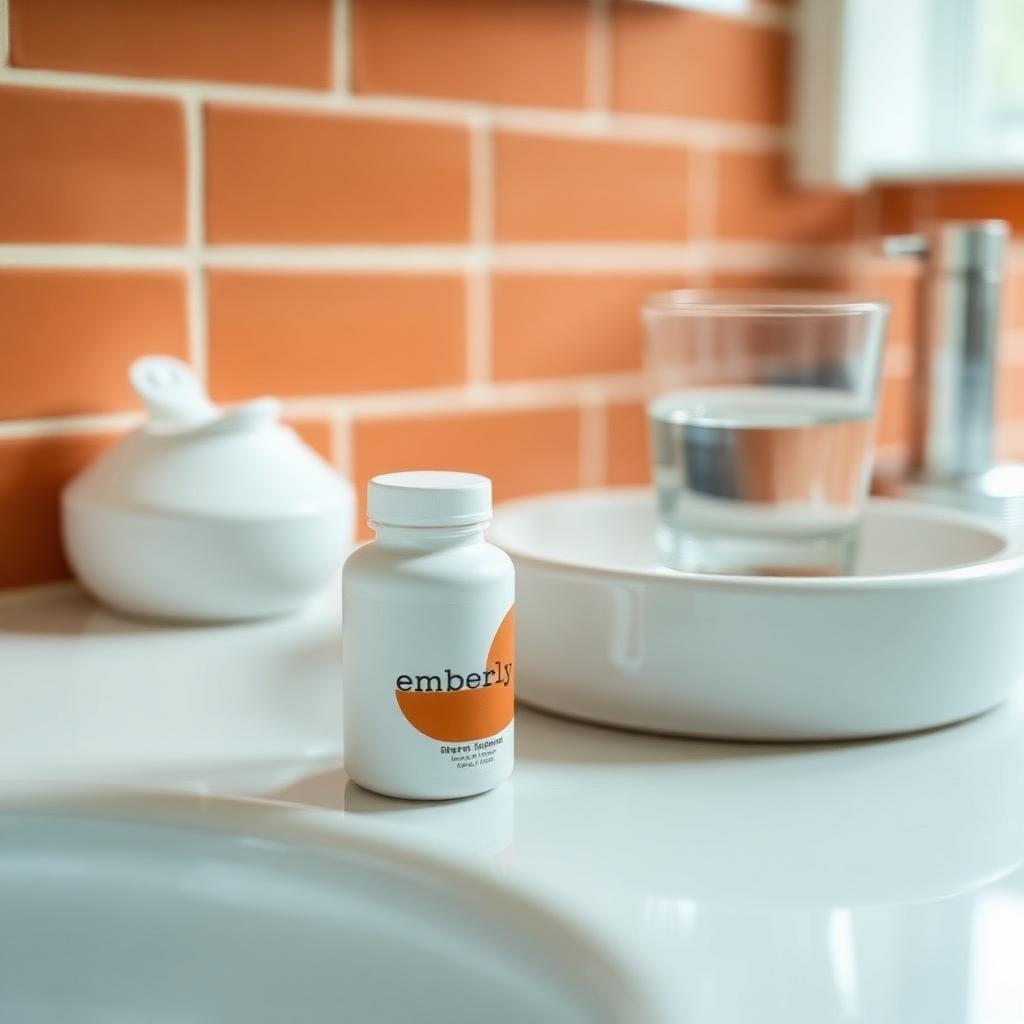 emberly bottle on a bathroom counter with a glass of water
