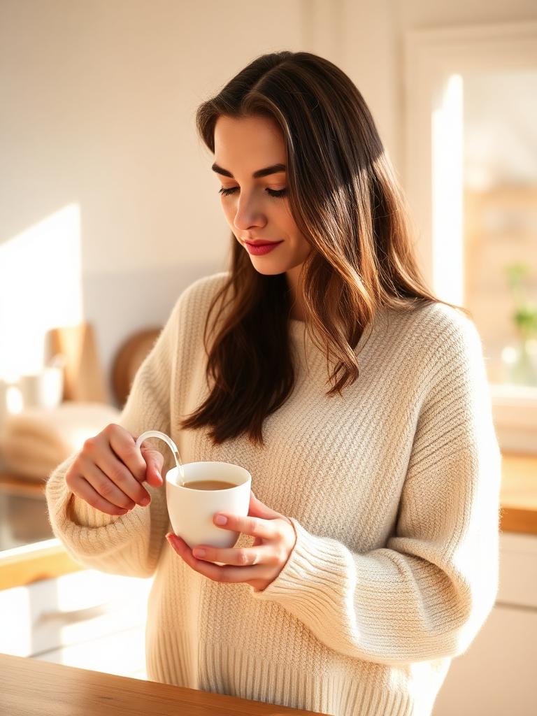 Woman pouring herbal tea in a sunlit kitchen — week 1 to 2 of emberly PMOS Support