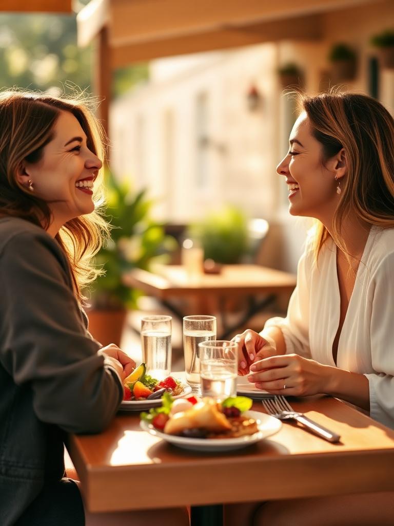 Two women laughing over brunch — week 4 to 8 of emberly PMOS Support